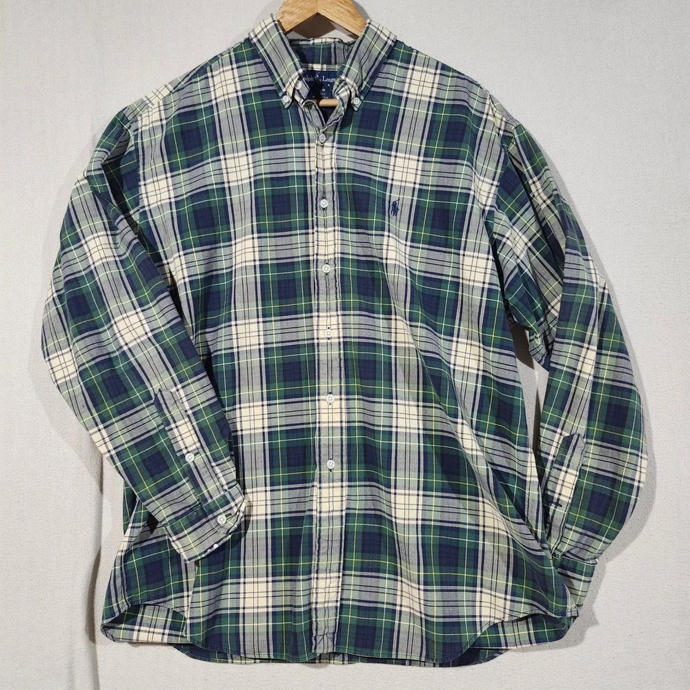 Polo Ralph Lauren Blake Mens Large Green Navy Plaid Cotton Button Down Shirt
